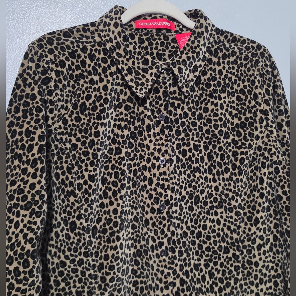 GLORIA VANDERBILT Button Up Shirt Womens XL Brown Black Leopard Mob Wife Y2K - Picture 4 of 8